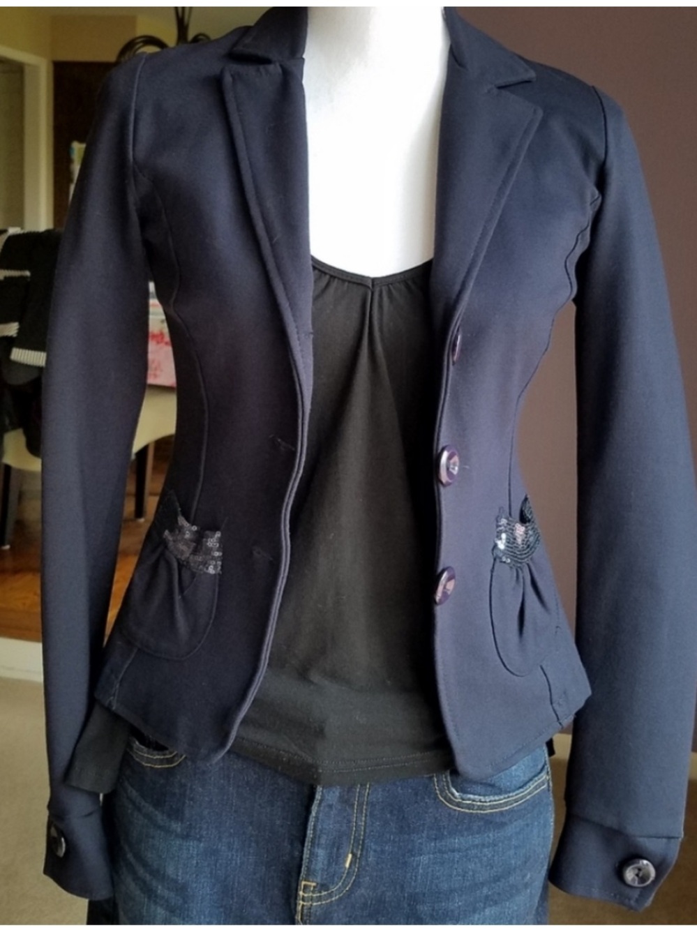 Dark Navy Blue Ponte Fitted Contemporary Sequin Embellished Blazer from England